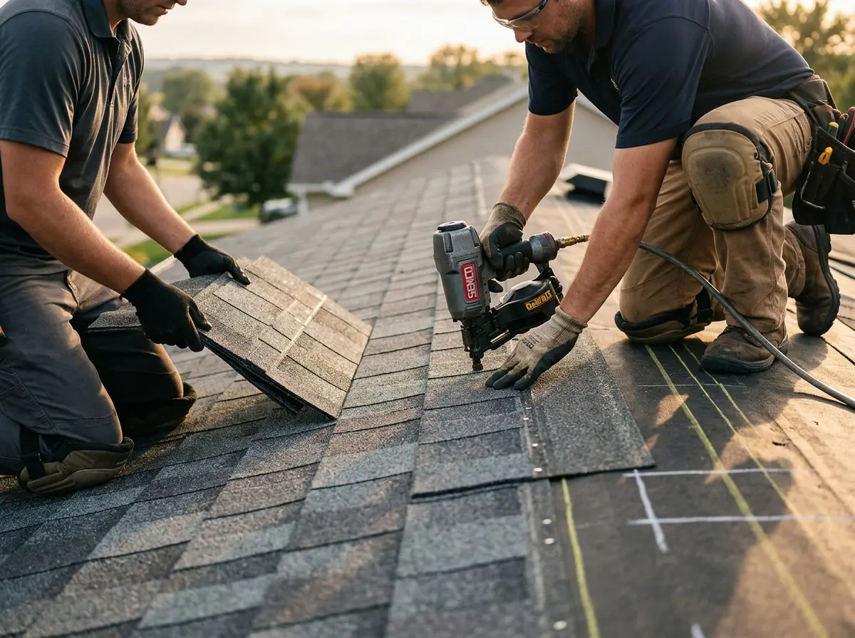 Professional roofer working on a residential roof in Pleasantville